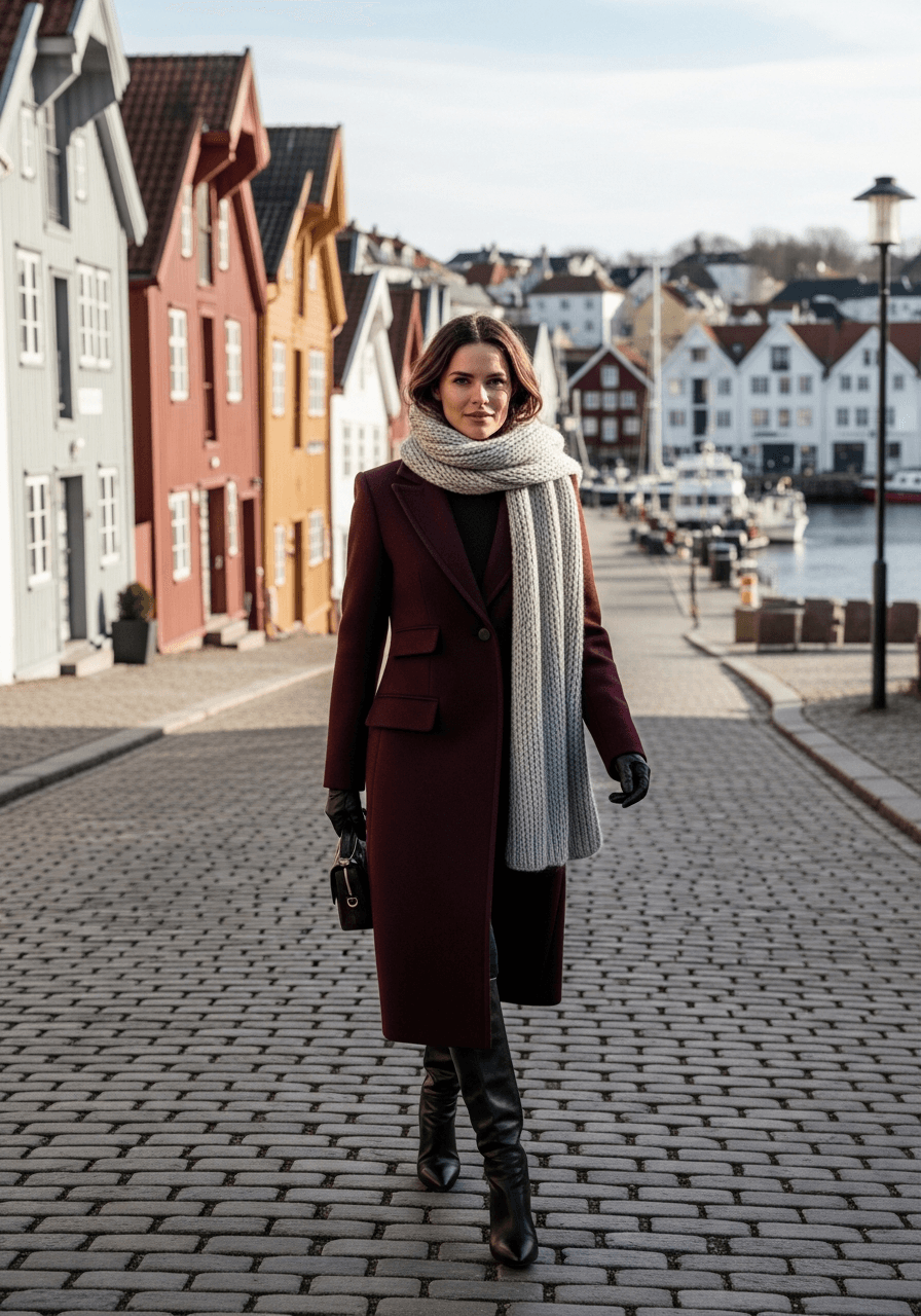 Cool-weather port look in a Nordic town