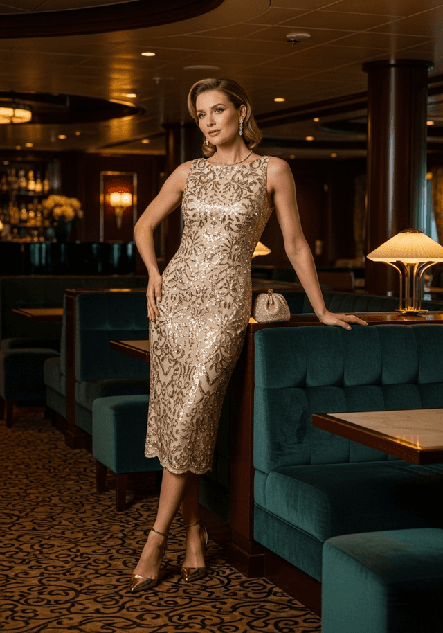 Champagne gold cocktail dress in a cruise lounge